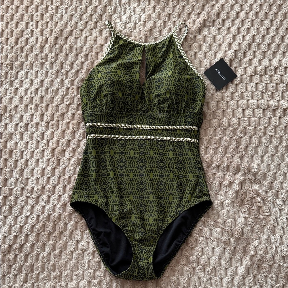 Ellen Tracy Olive Green Patterned One-Piece Swimsuit